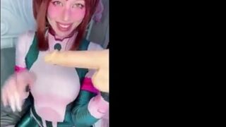 Cosplay girl dressed as Ochako Uraraka from My Hero Academia sucking big fake cock #1